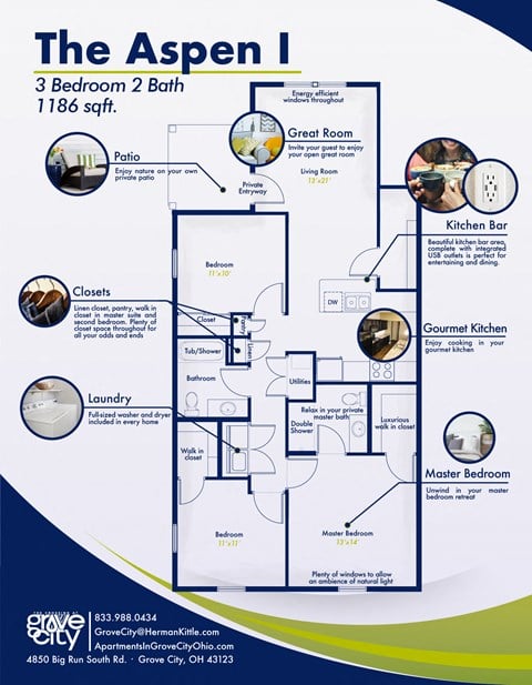 Floor plan for 3 beds, 2 baths, 1186 sqft